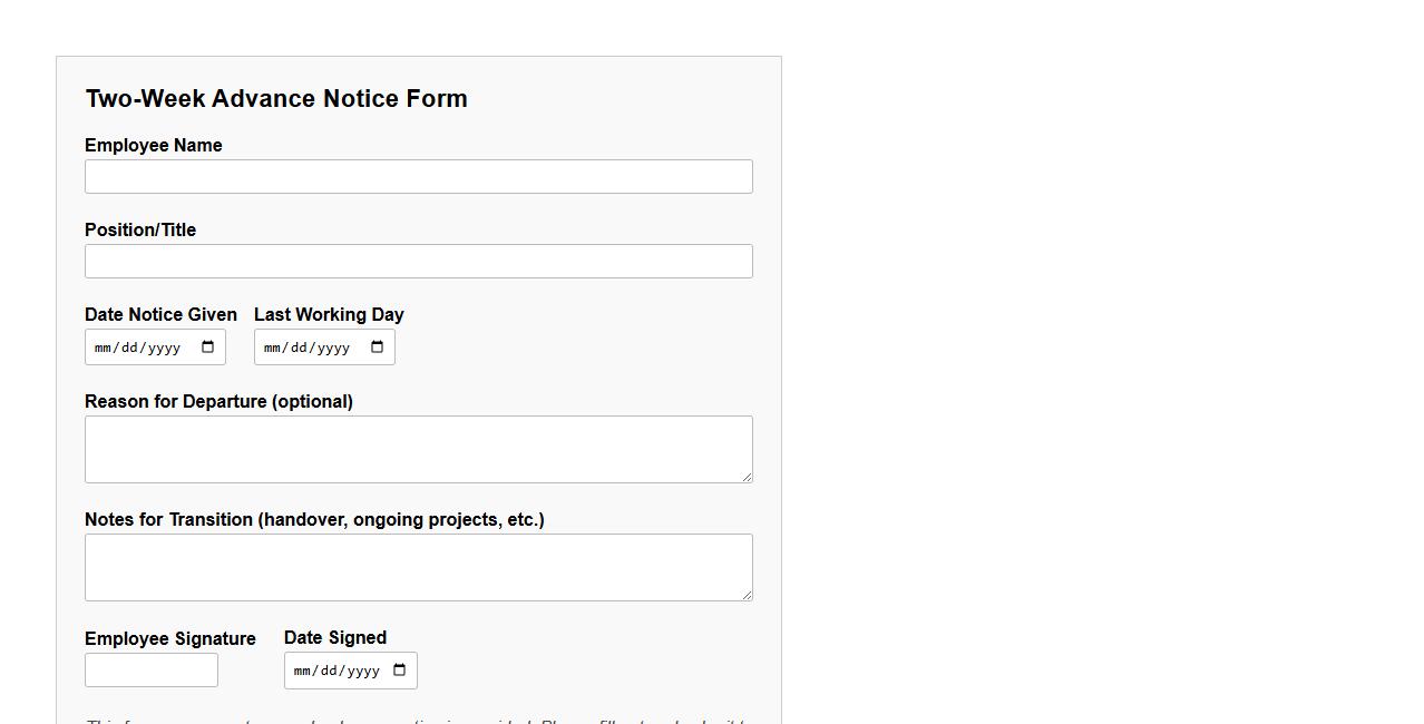 Two-week advance notice form sample for employers image preview