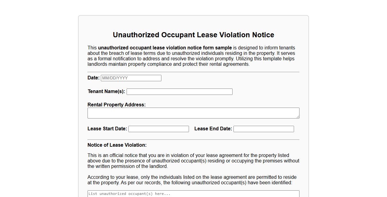 unauthorized occupant lease violation notice form sample image preview