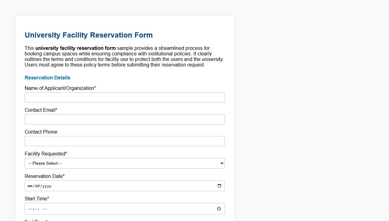 University facility reservation form sample with policy terms image preview