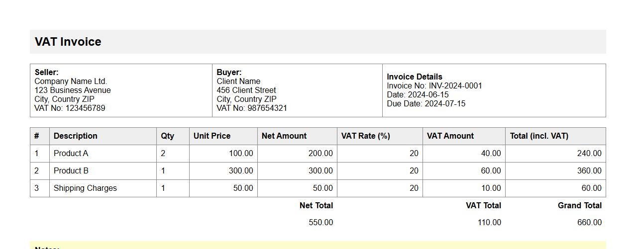VAT invoice sample form including shipping charges image preview