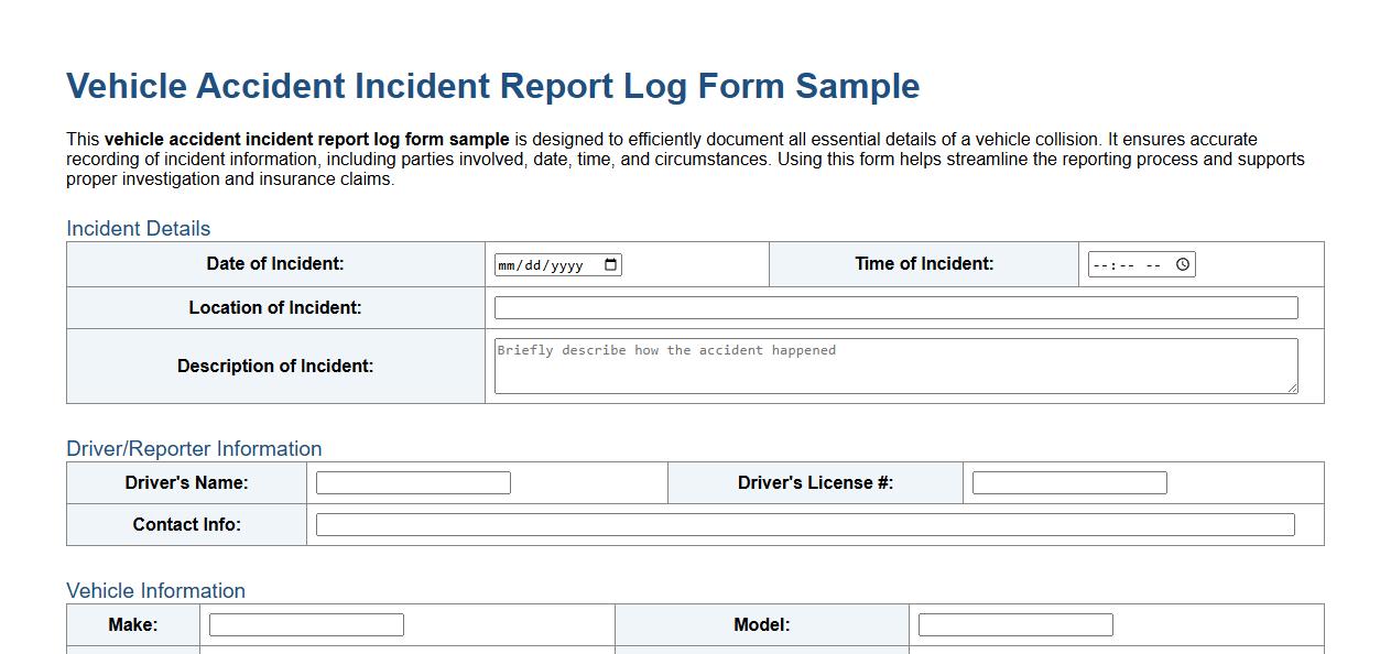 vehicle accident incident report log form sample image preview
