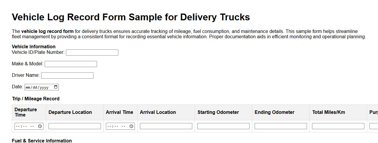 vehicle log record form sample for delivery trucks image preview