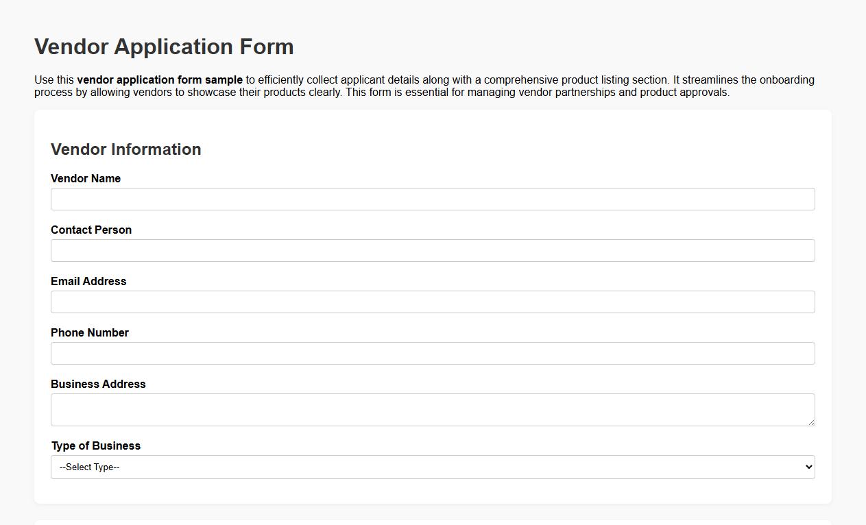 vendor application form sample with product listing section image preview