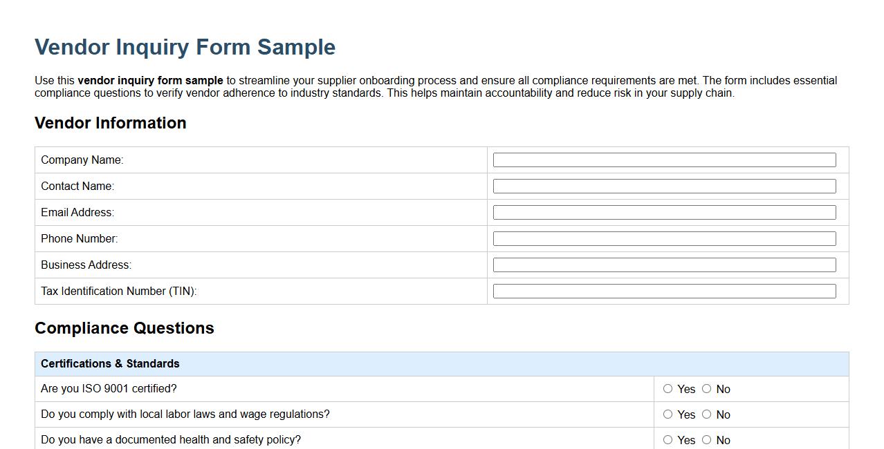 Vendor inquiry form sample with compliance questions image preview