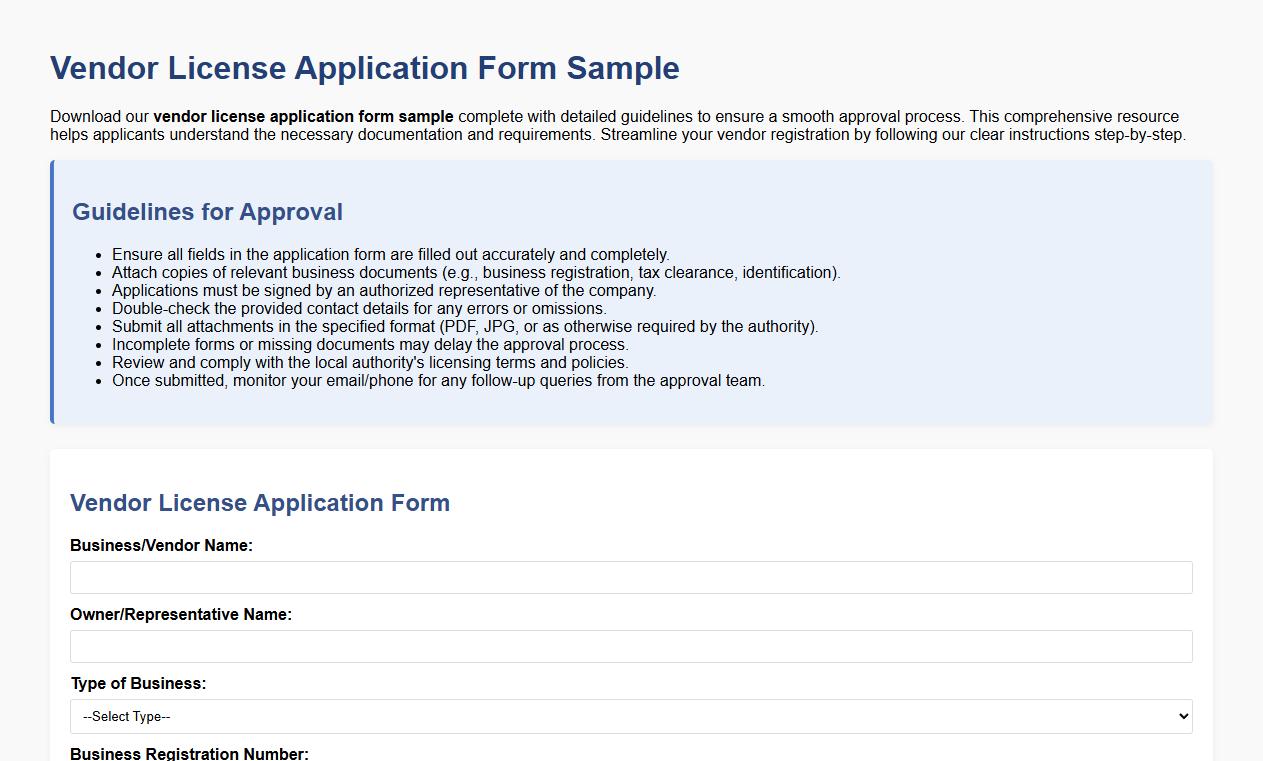 vendor license application form sample with guidelines for approval image preview