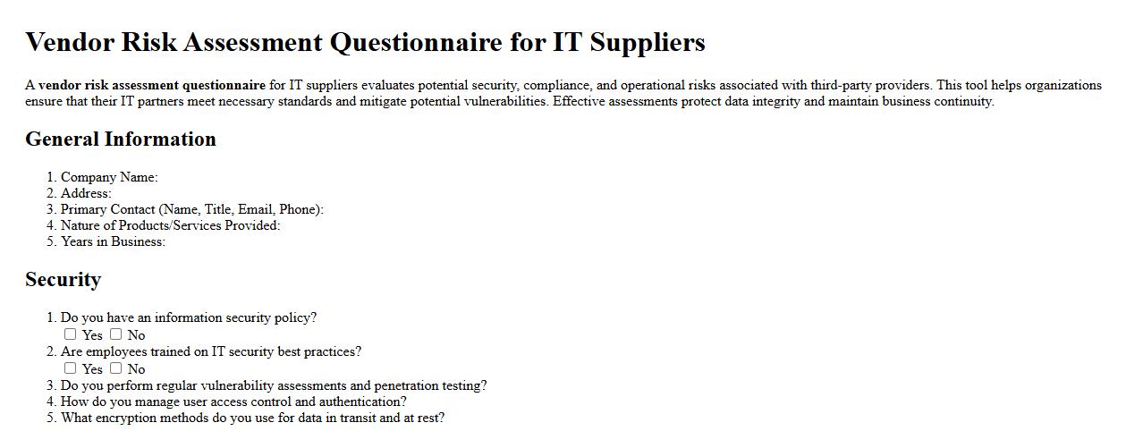 Vendor risk assessment questionnaire for IT suppliers image preview