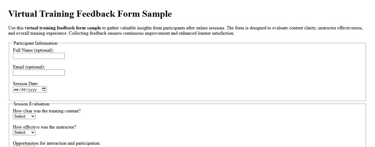 Virtual training feedback form sample image preview