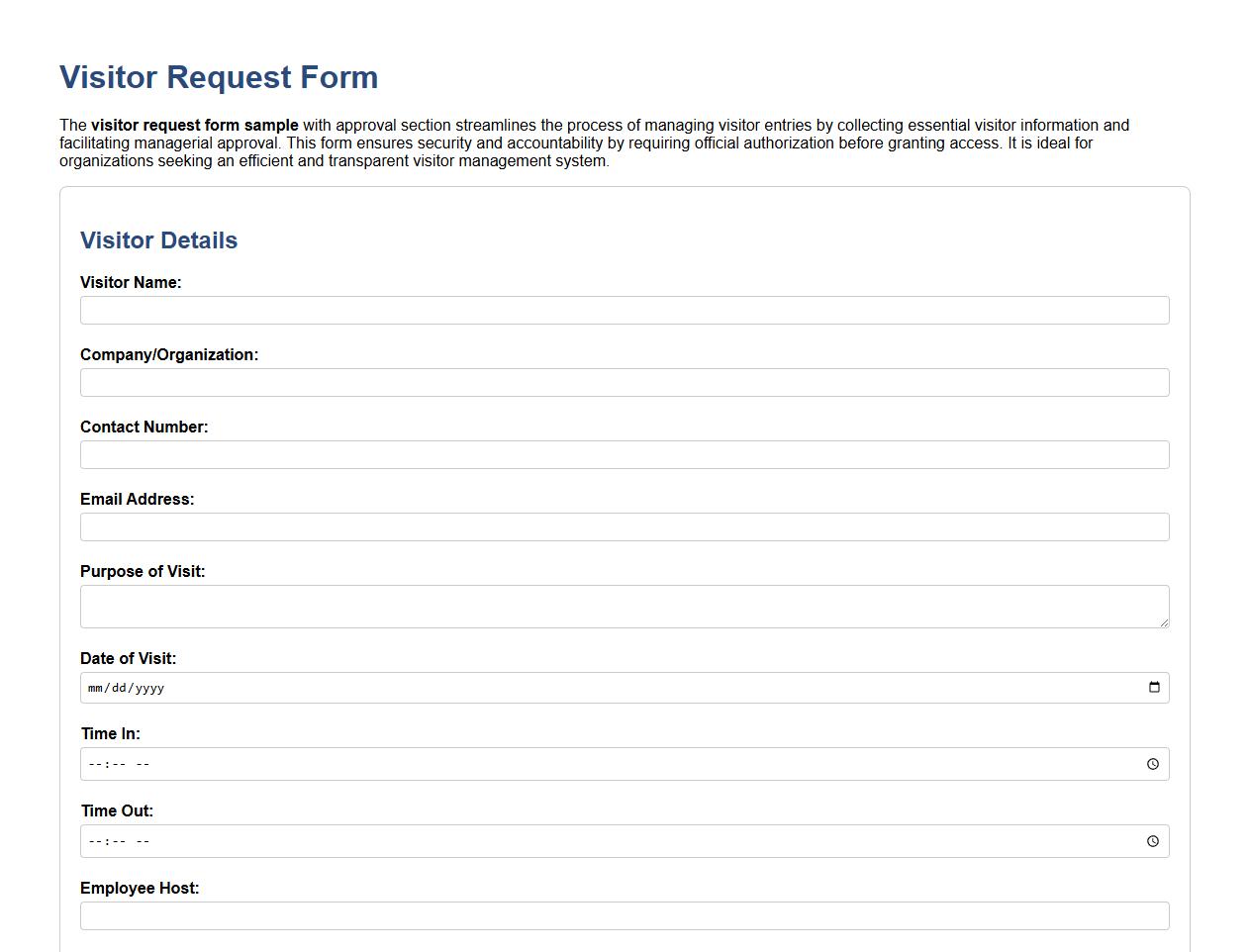visitor request form sample with approval section image preview