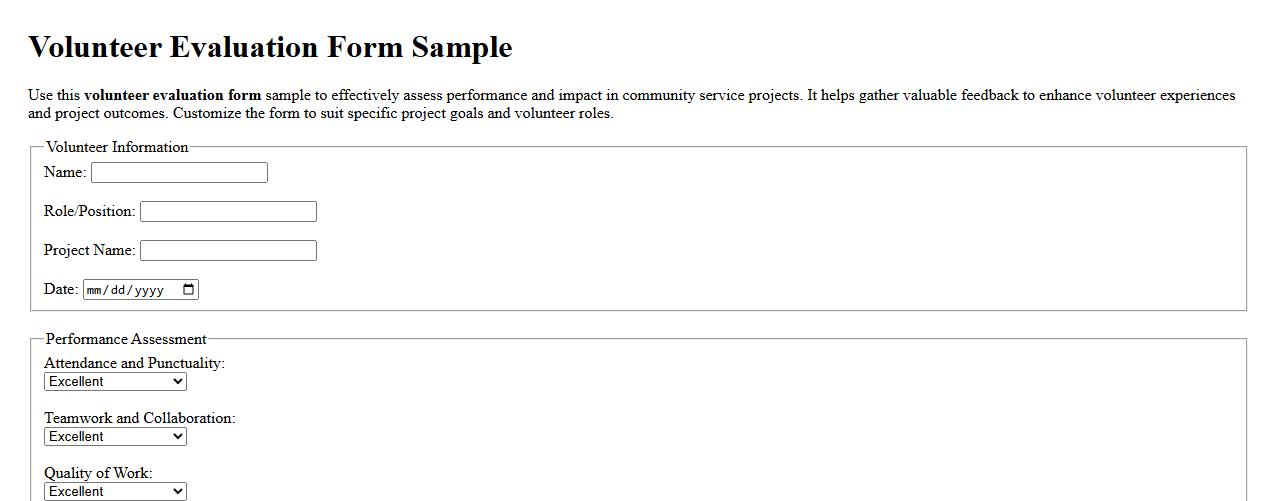 Volunteer evaluation form sample for community service projects image preview