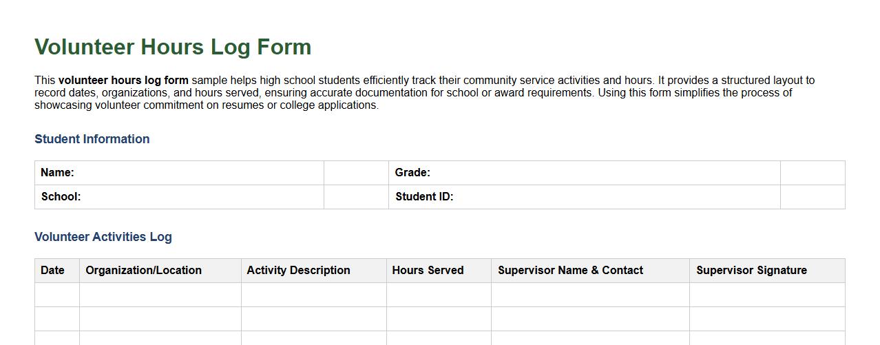 Volunteer hours log form sample for high school students image preview