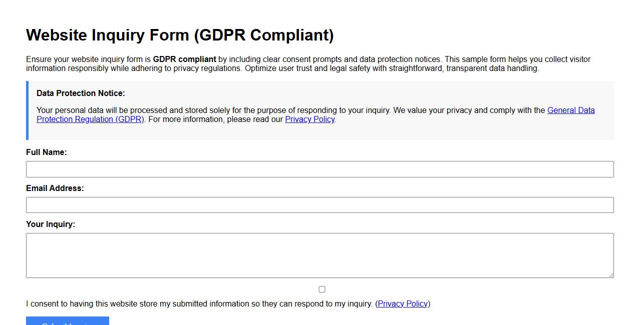 Website inquiry form sample with GDPR compliance image preview