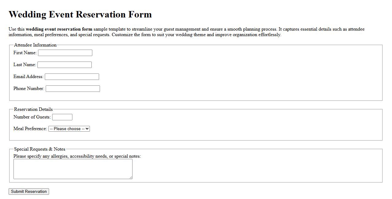 Wedding event reservation form sample template image preview