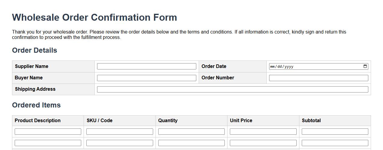 wholesale order confirmation form sample with terms and conditions image preview