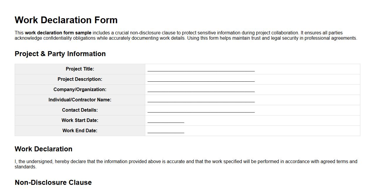 Work declaration form sample with non-disclosure clause image preview