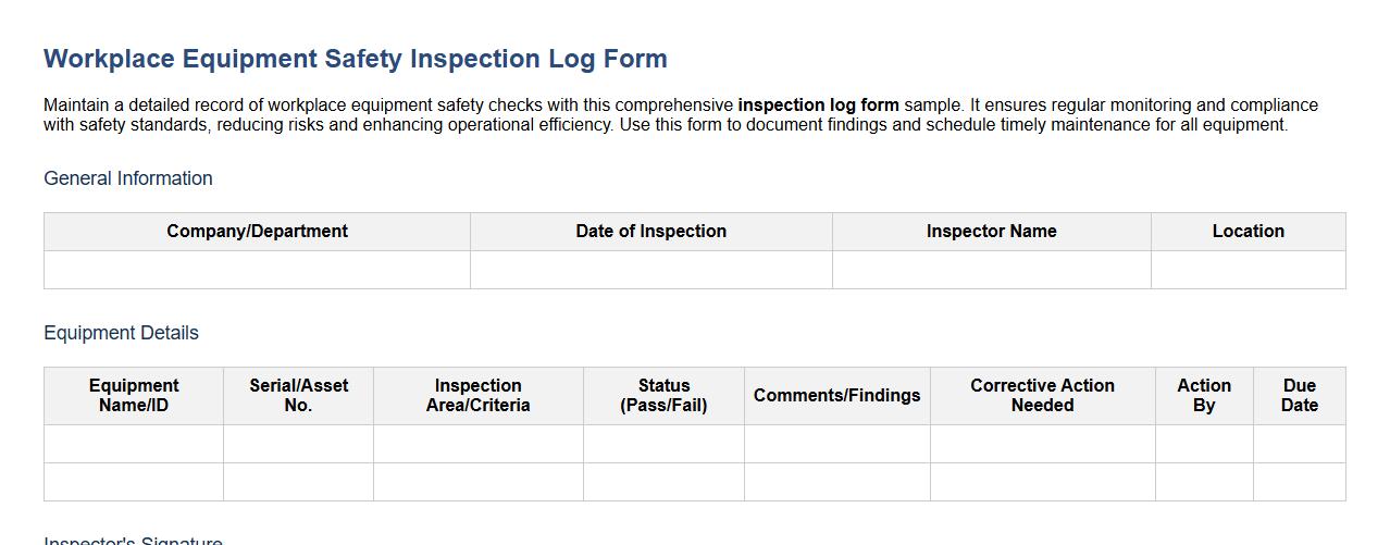 Workplace equipment safety inspection log form sample image preview