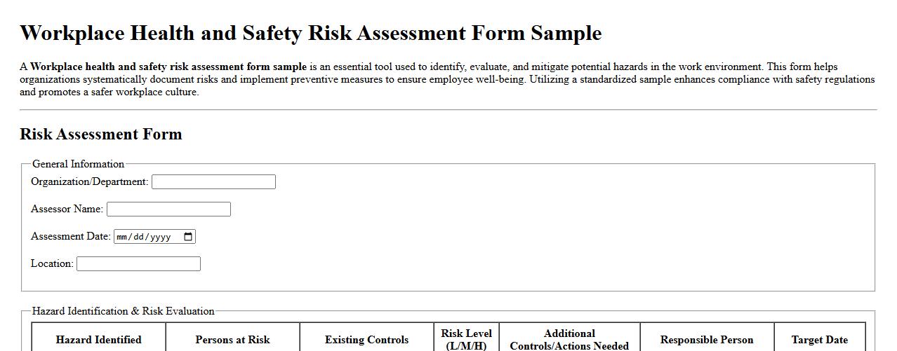 Workplace health and safety risk assessment form sample image preview