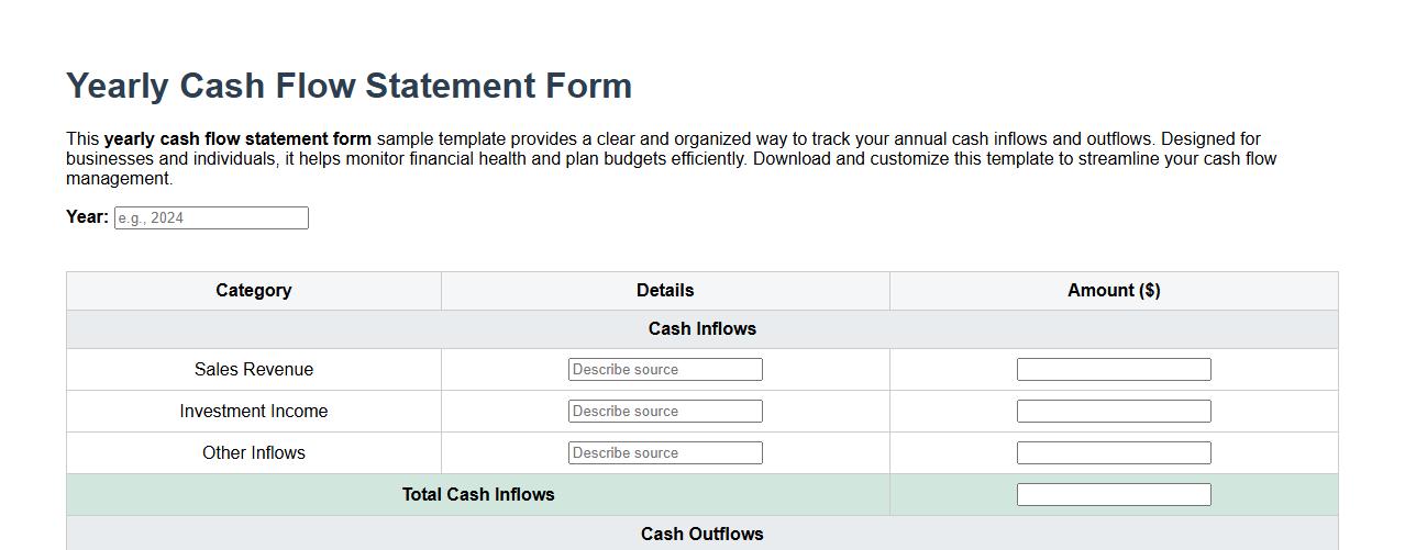 yearly cash flow statement form sample template image preview