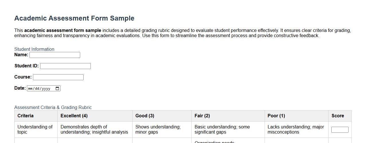 Academic assessment form sample with grading rubric image preview