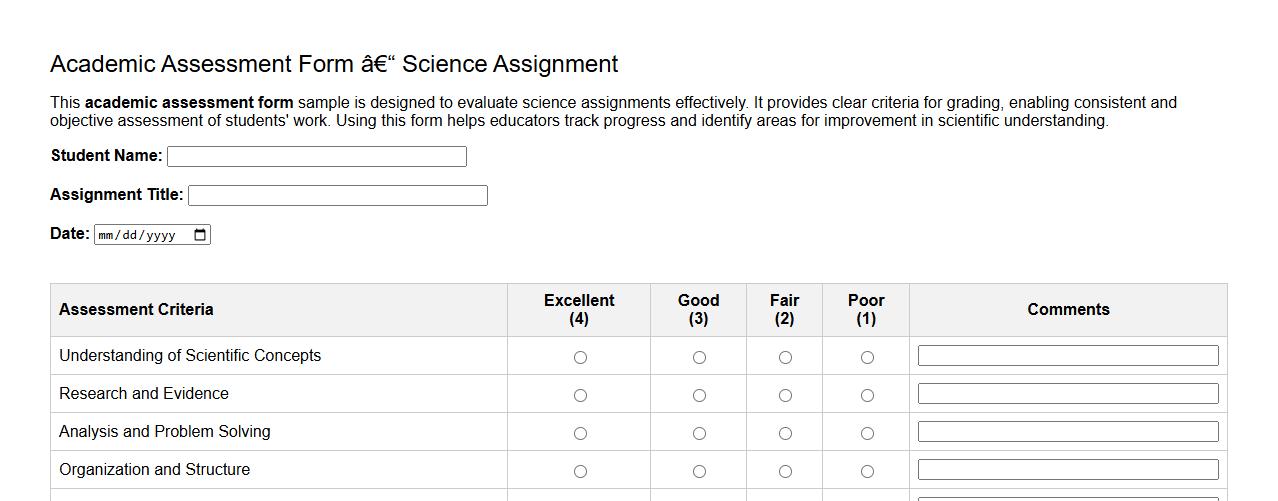 Academic assessment form sample for science assignments image preview