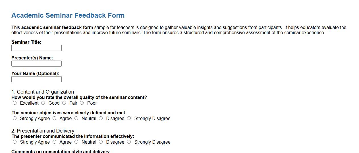 academic seminar feedback form sample for teachers image preview