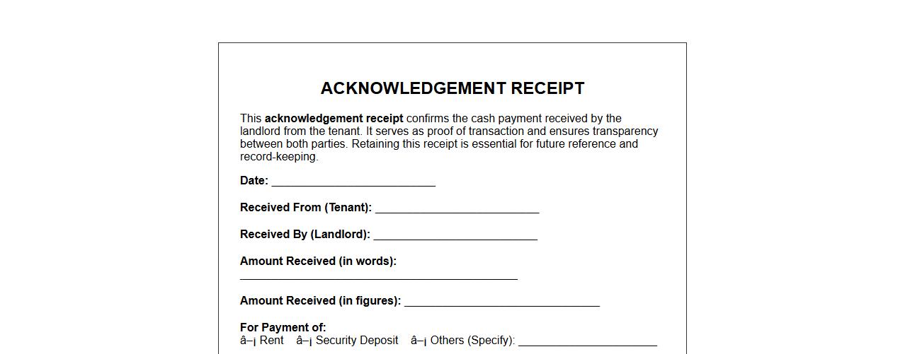 Acknowledgement receipt for cash received by landlord image preview