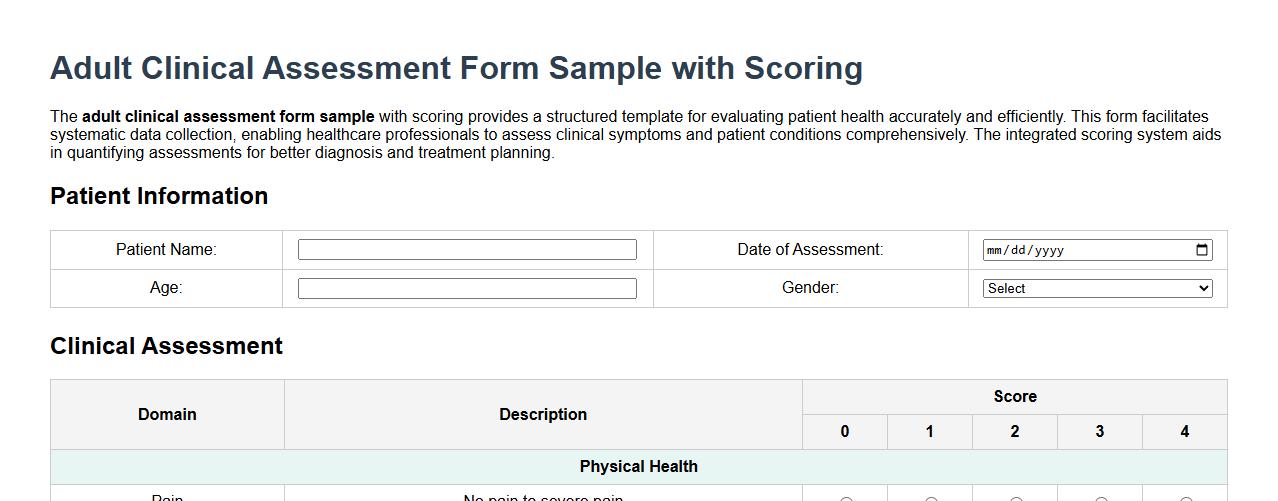 Adult clinical assessment form sample with scoring image preview