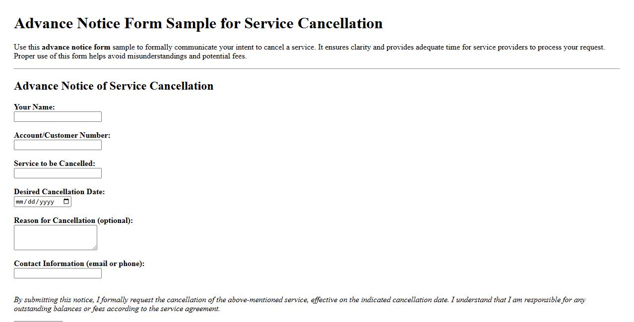 Advance notice form sample for service cancellation image preview