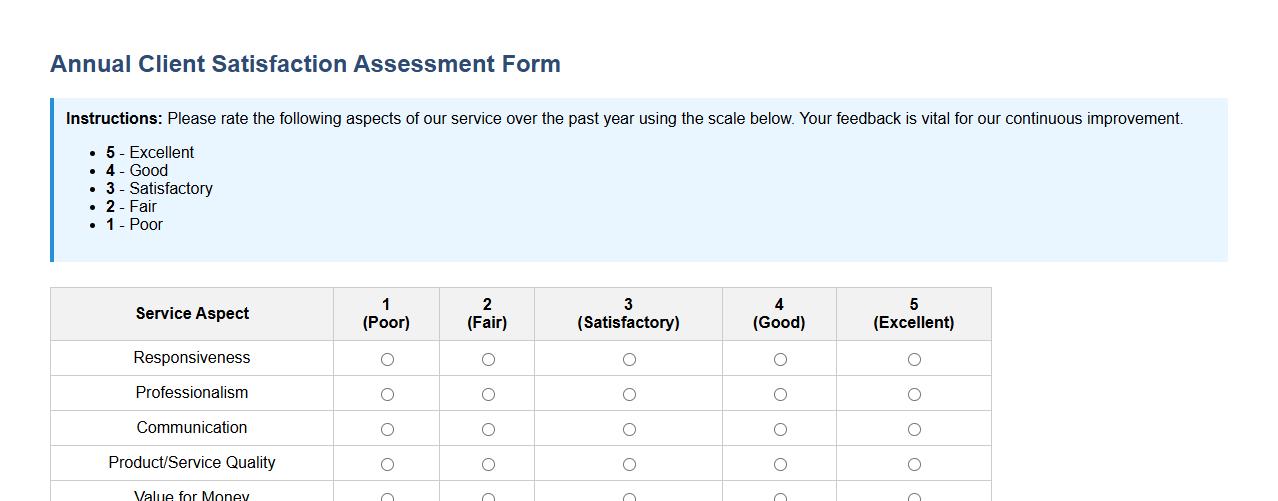 annual client satisfaction assessment form sample with ratings image preview