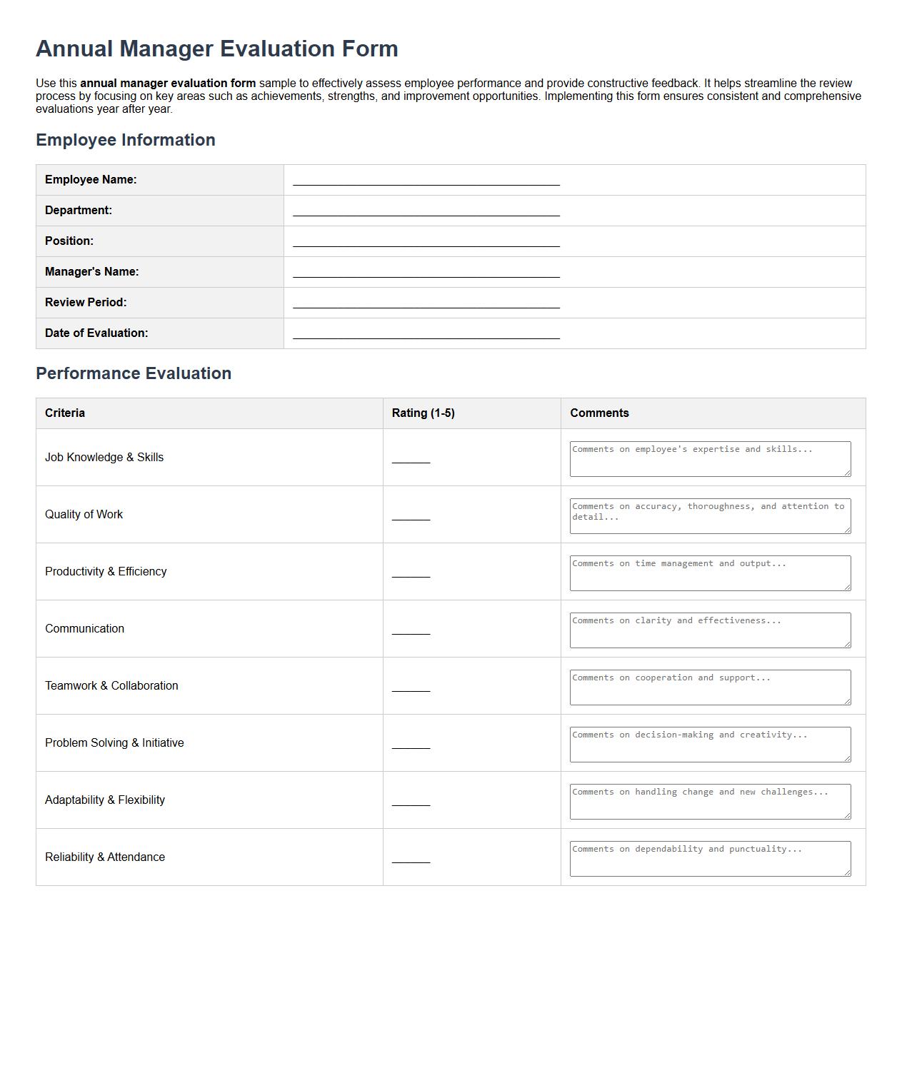 annual manager evaluation form sample for employees image preview