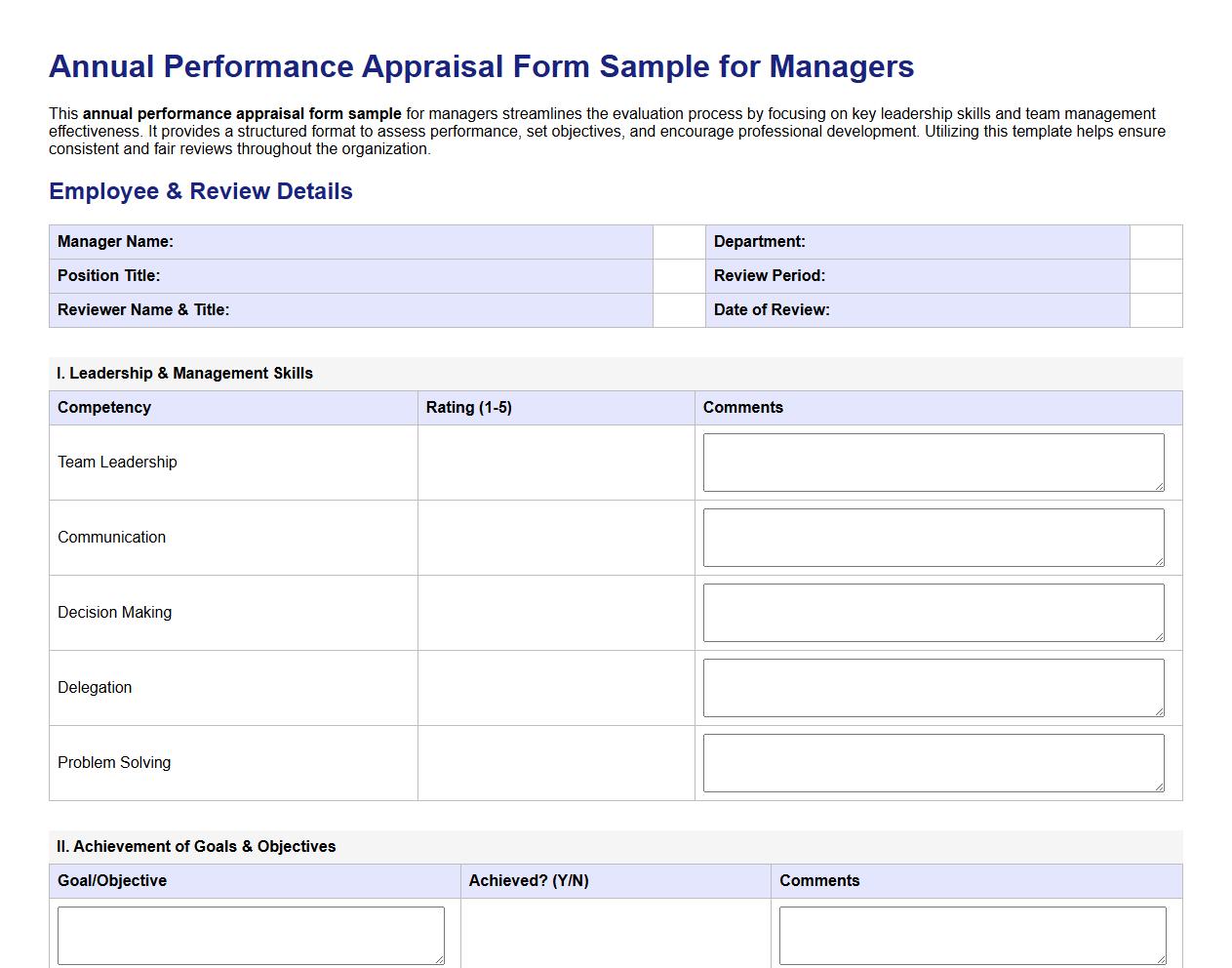 annual performance appraisal form sample for managers image preview