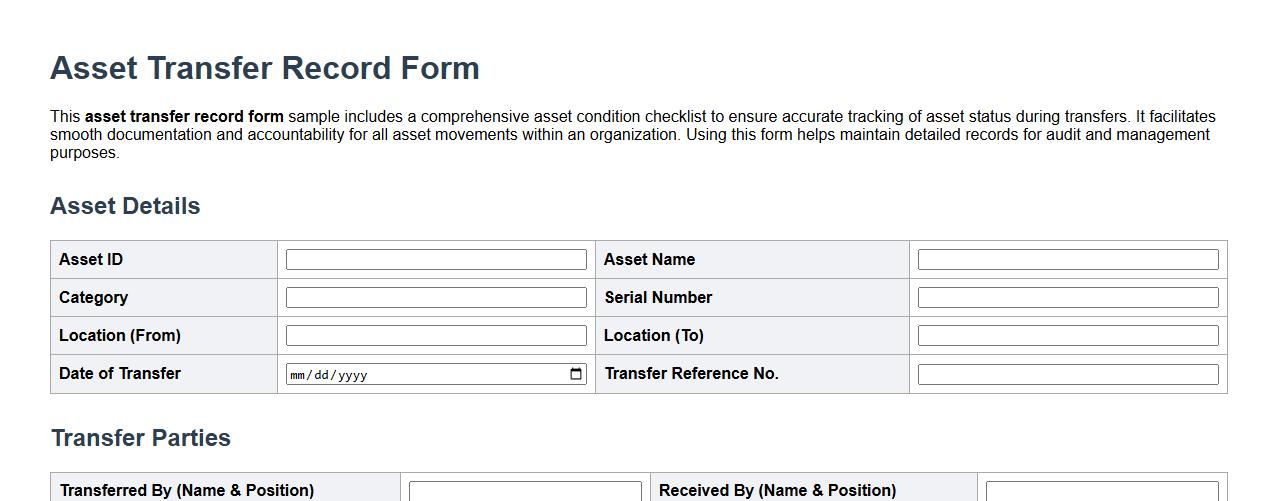 Asset transfer record form sample with asset condition checklist image preview