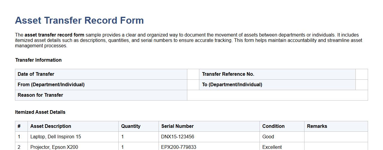 Asset transfer record form sample with itemized asset details image preview