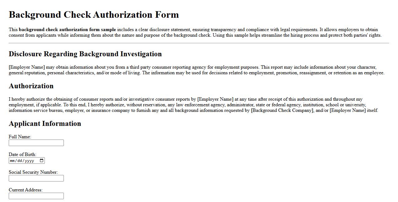 Background check authorization form sample with disclosure image preview