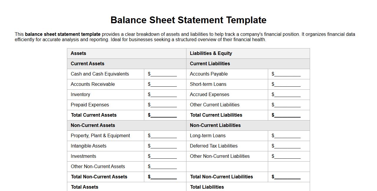 Balance sheet statement template including assets and liabilities breakdown image preview
