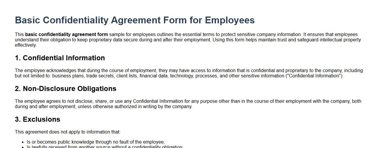 basic confidentiality agreement form sample for employees image preview