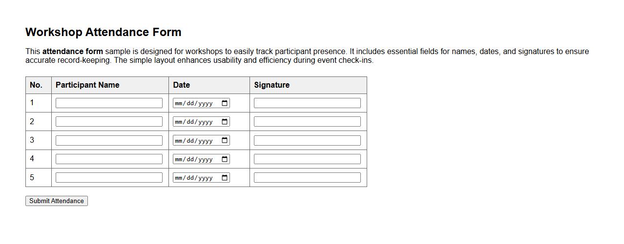 Basic simple attendance form sample for workshops image preview