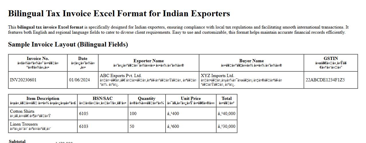 Bilingual tax invoice excel format for Indian exporters image preview