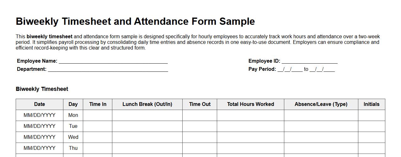 Biweekly timesheet and attendance form sample for hourly employees image preview
