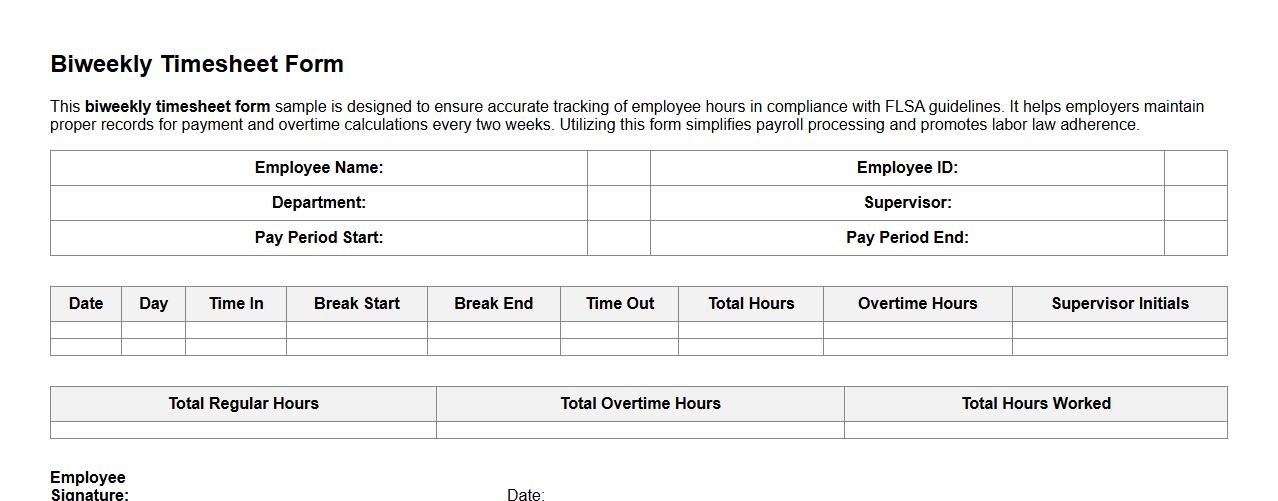 Biweekly timesheet form sample following FLSA guidelines image preview