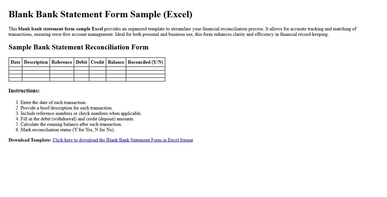 blank bank statement form sample excel for reconciliation image preview
