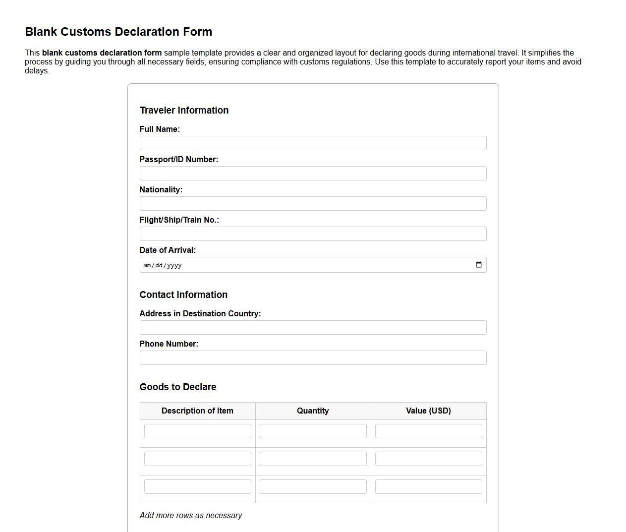 blank customs declaration form sample template image preview
