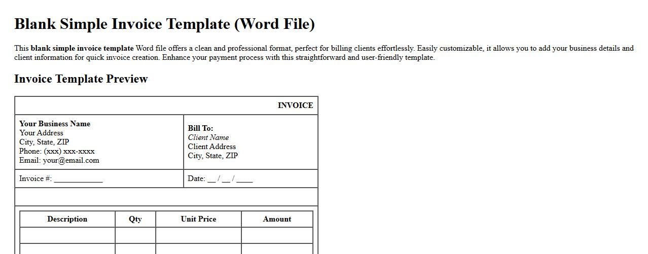 Blank simple invoice template Word file image preview