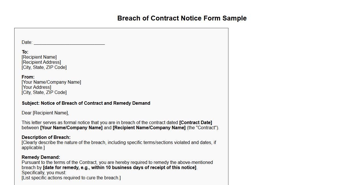 Breach of contract notice form sample with remedy demand image preview