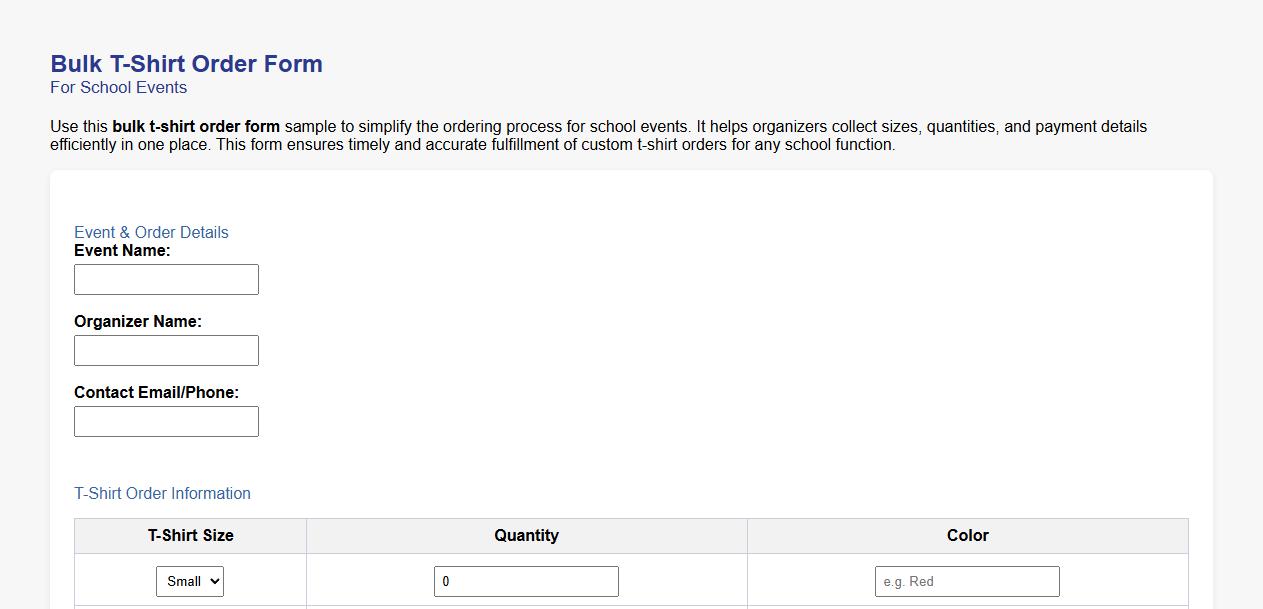 bulk t-shirt order form sample for school events image preview