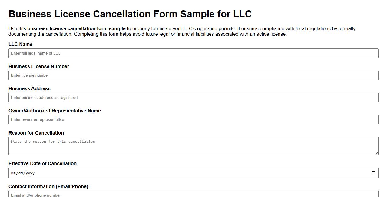 Business license cancellation form sample for LLC image preview