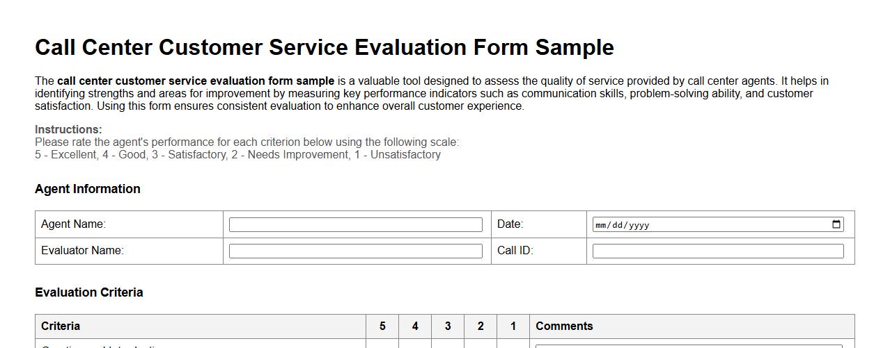 call center customer service evaluation form sample image preview