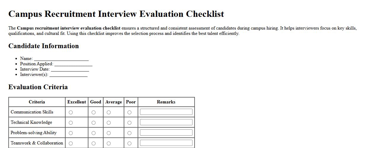 Campus recruitment interview evaluation checklist image preview