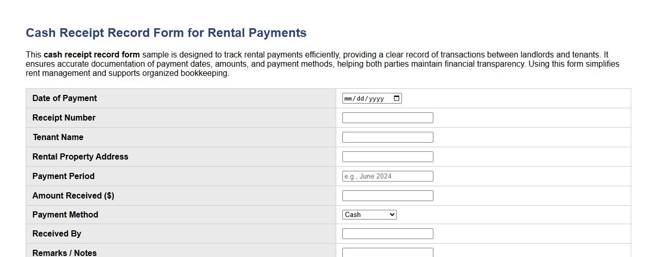 cash receipt record form sample for rental payments image preview