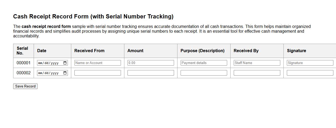 cash receipt record form sample with serial number tracking image preview
