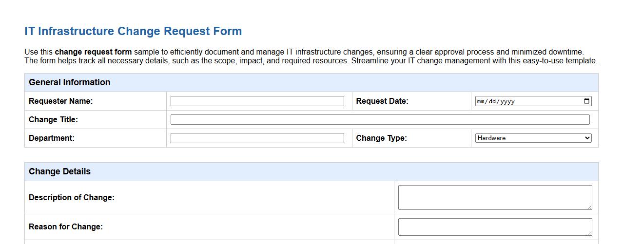 Change request form sample for IT infrastructure changes image preview